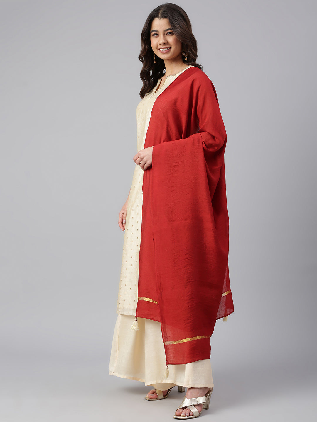 Janasya Women's Beige Chanderi Silk Woven Kurta With Palazzo And Dupatta | Swadesiicart