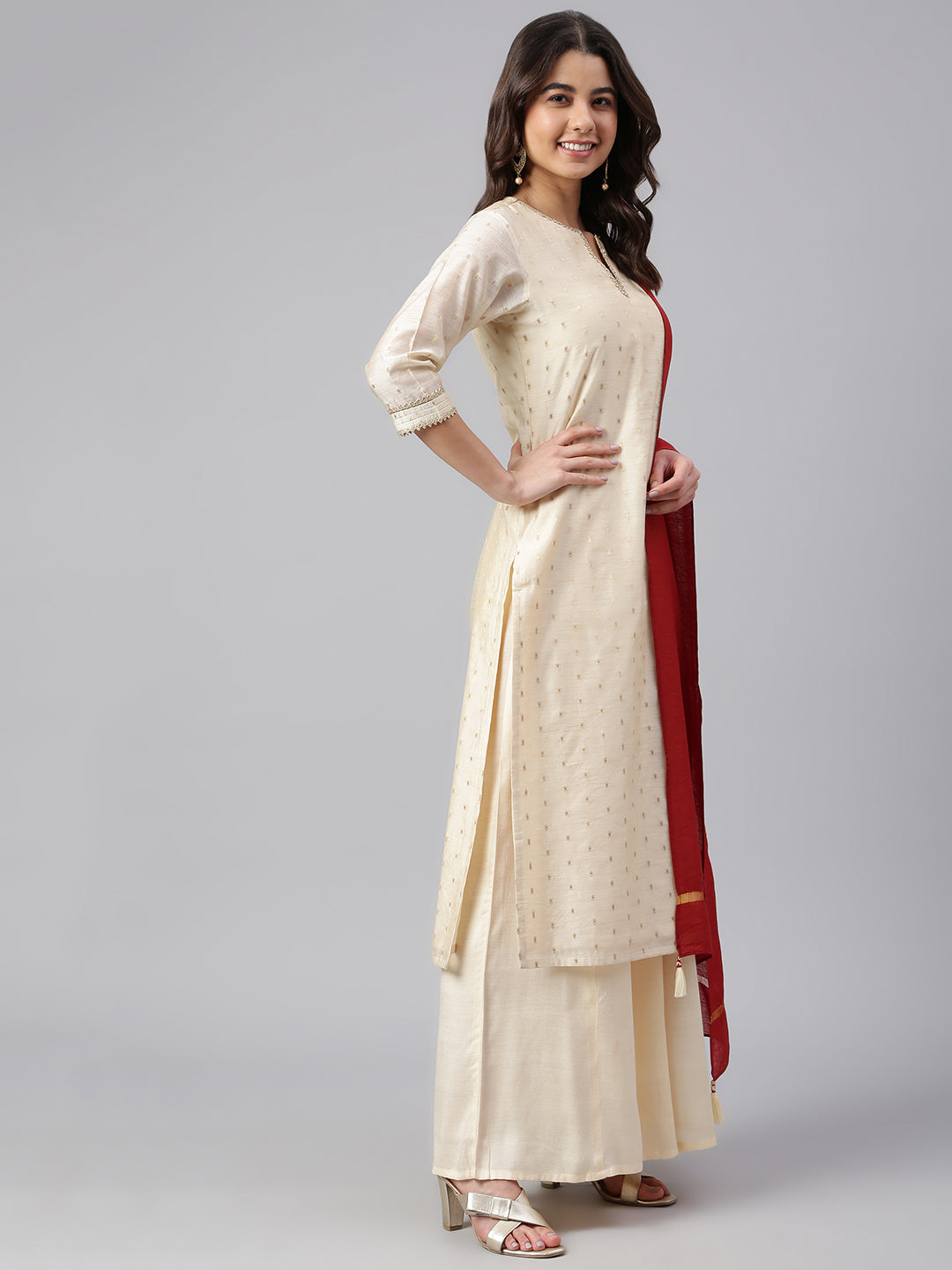 Janasya Women's Beige Chanderi Silk Woven Kurta With Palazzo And Dupatta | Swadesiicart