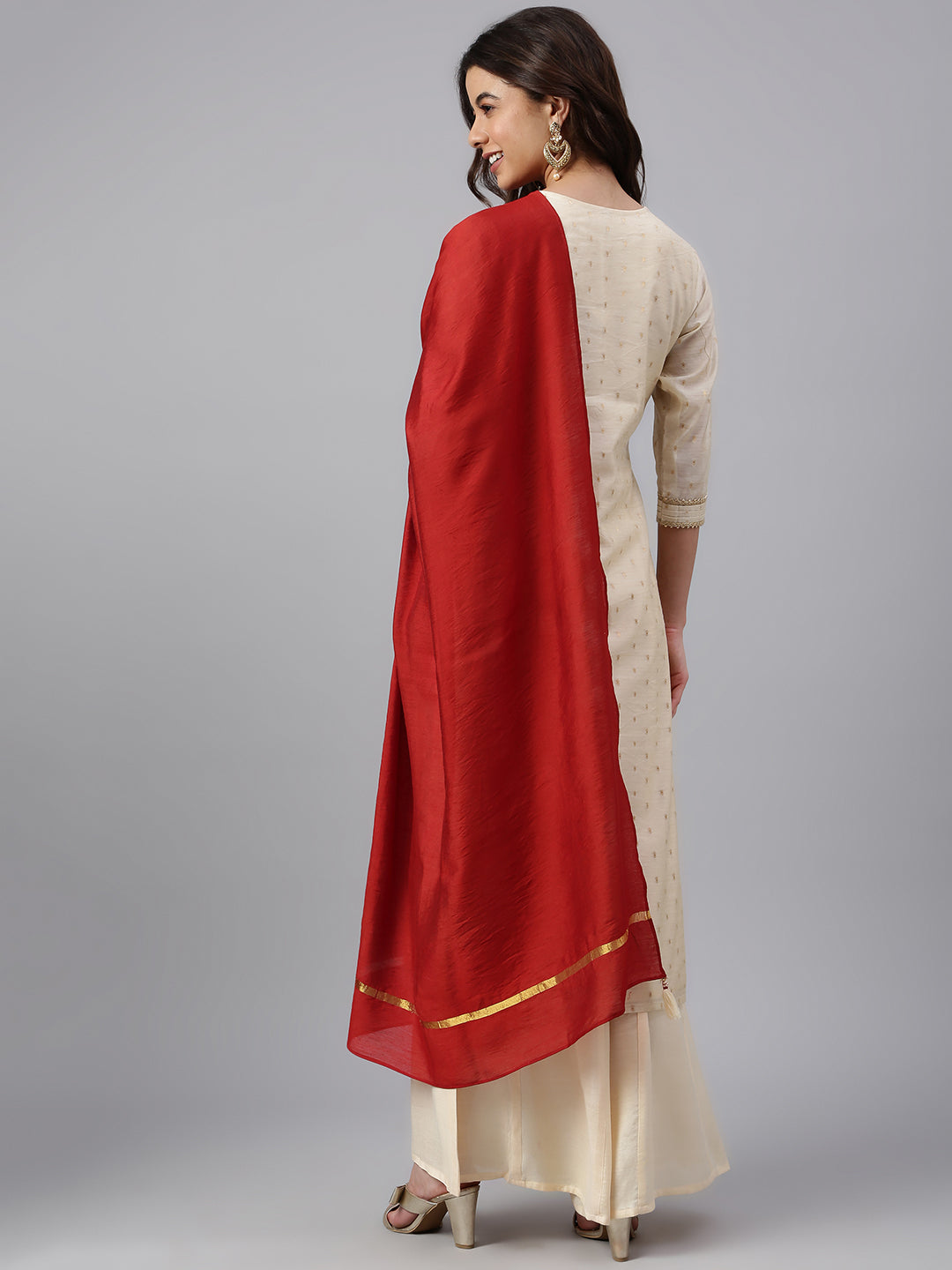 Janasya Women's Beige Chanderi Silk Woven Kurta With Palazzo And Dupatta | Swadesiicart
