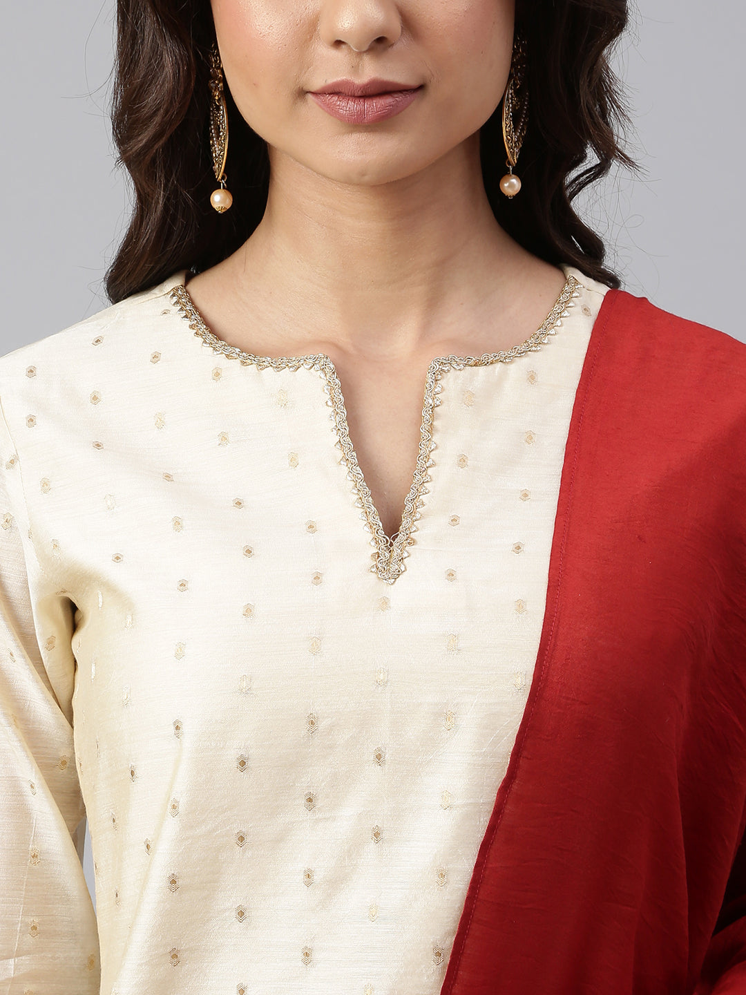Janasya Women's Beige Chanderi Silk Woven Kurta With Palazzo And Dupatta | Swadesiicart