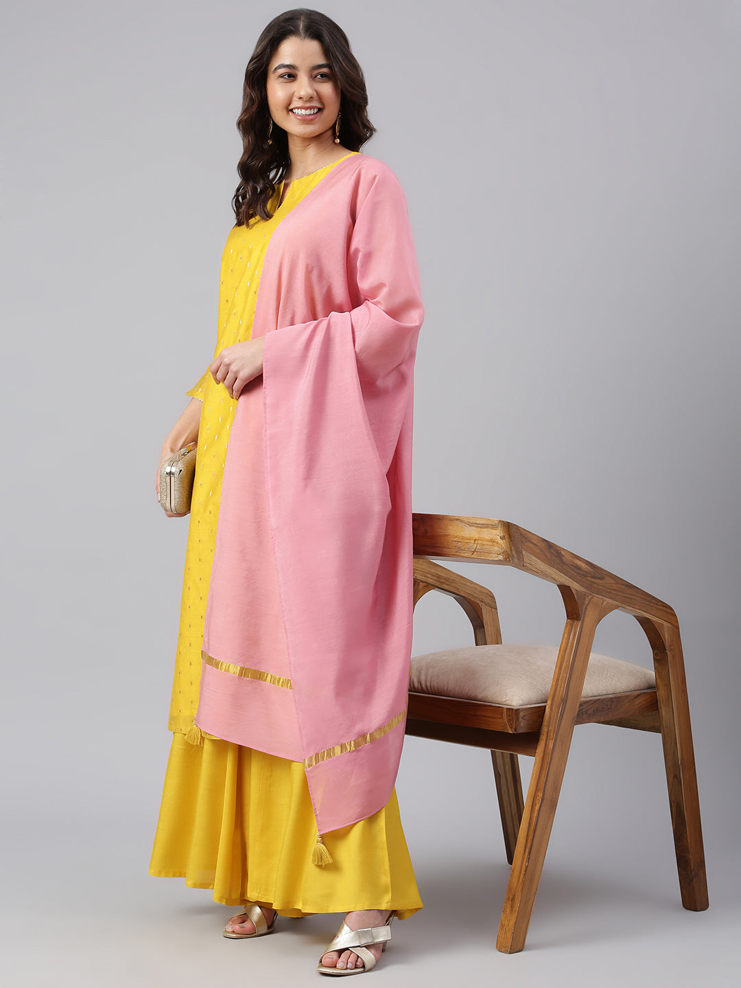 Janasya Women's Yellow Chanderi Silk Woven Kurta With Palazzo And Dupatta | Swadesiicart