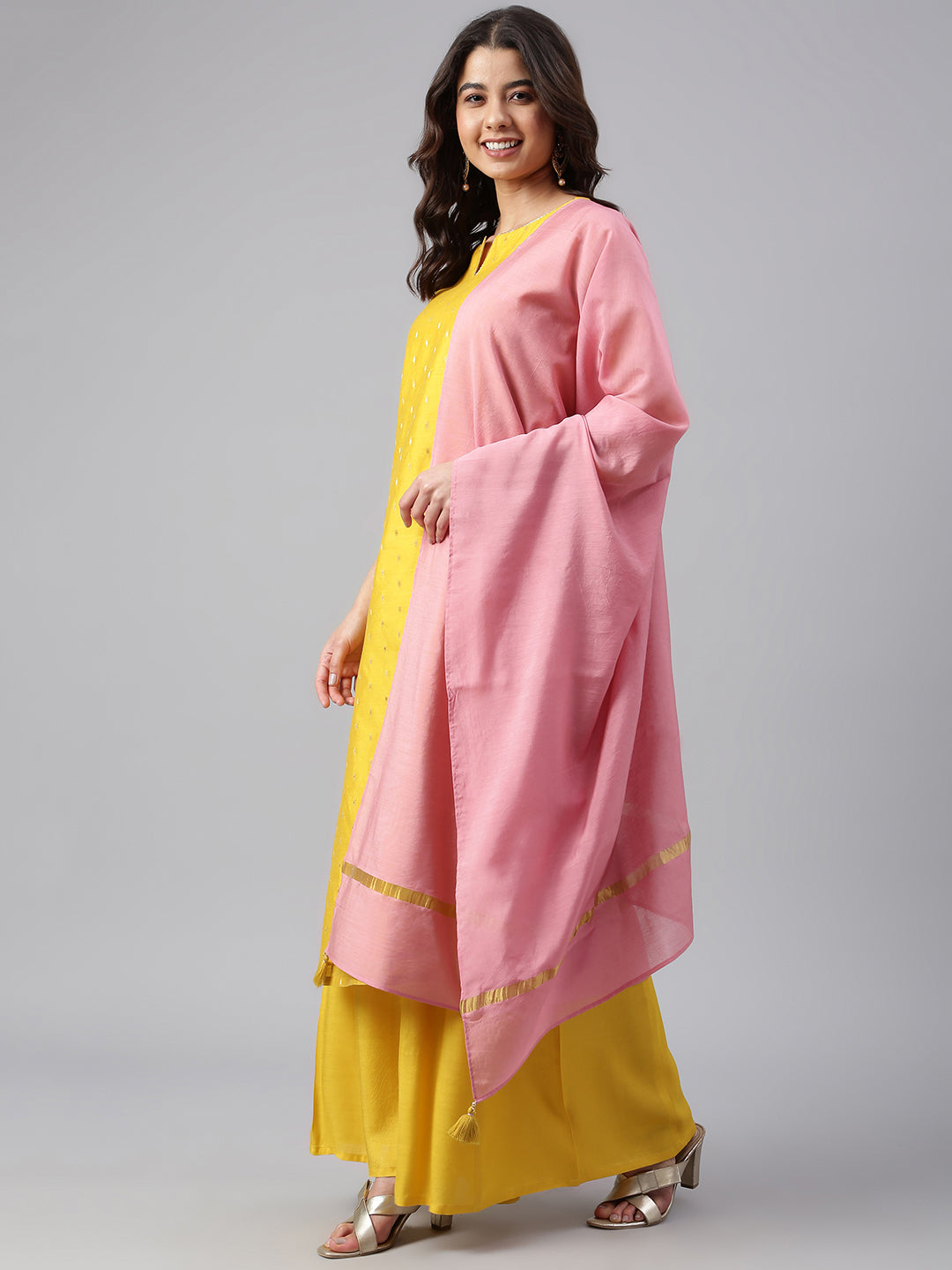 Janasya Women's Yellow Chanderi Silk Woven Kurta With Palazzo And Dupatta | Swadesiicart