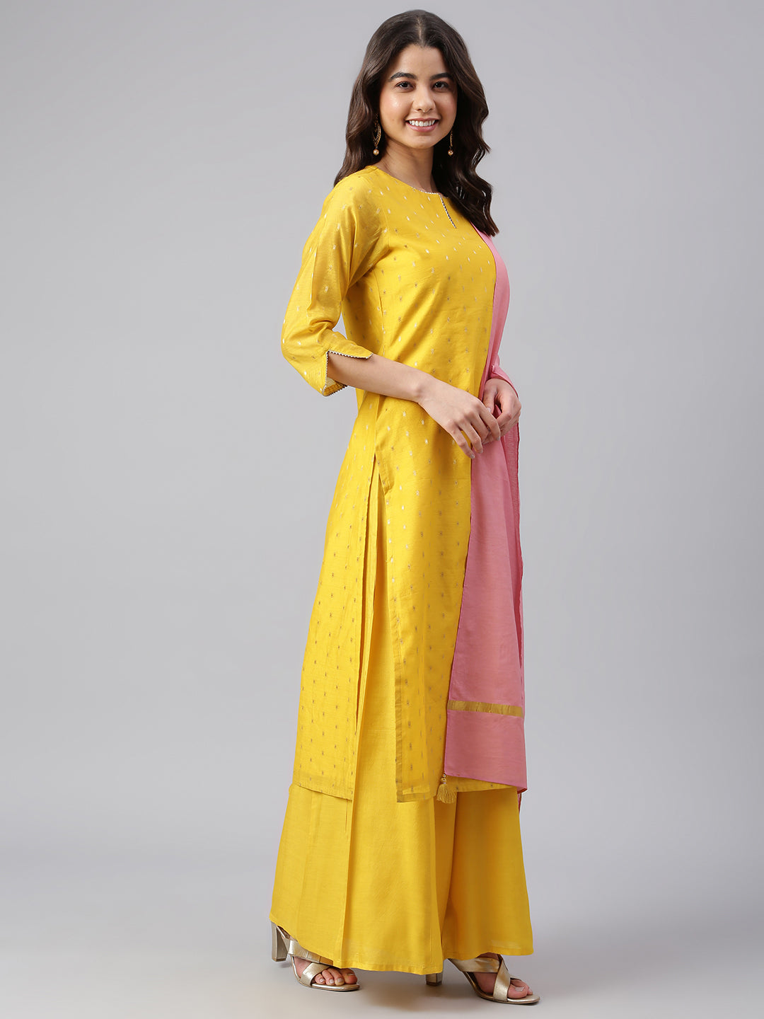 Janasya Women's Yellow Chanderi Silk Woven Kurta With Palazzo And Dupatta | Swadesiicart