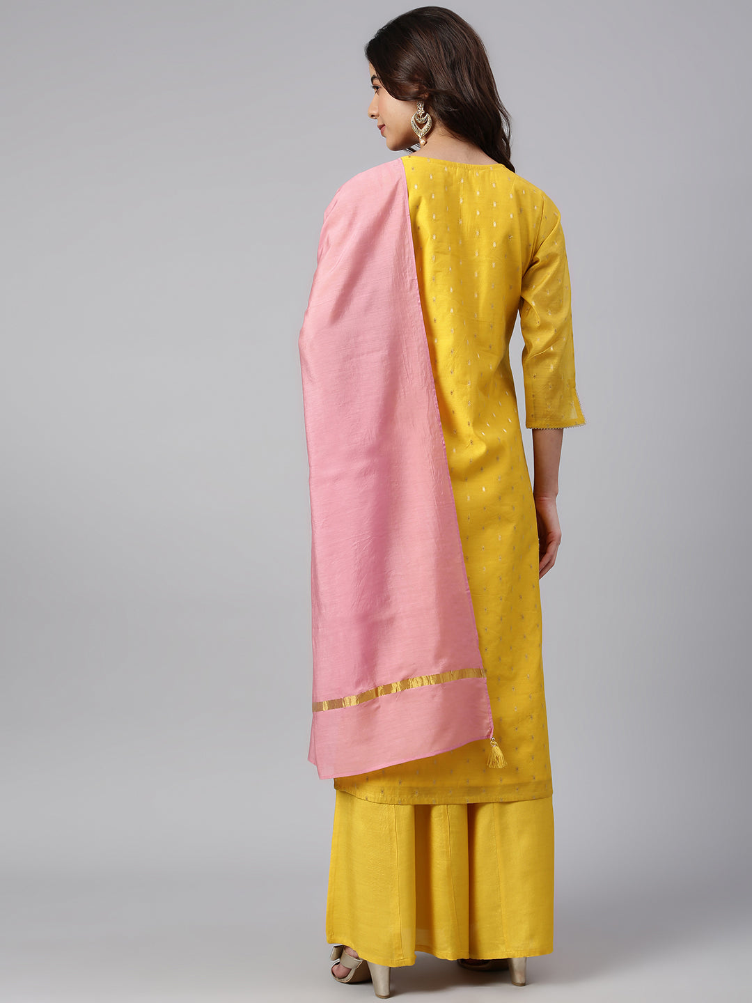 Janasya Women's Yellow Chanderi Silk Woven Kurta With Palazzo And Dupatta | Swadesiicart