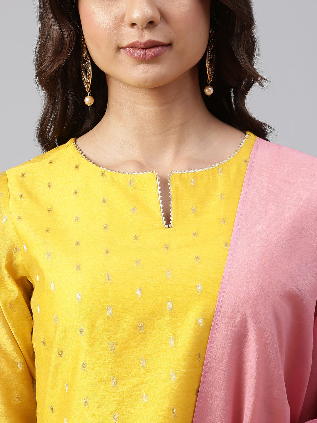 Janasya Women's Yellow Chanderi Silk Woven Kurta With Palazzo And Dupatta | Swadesiicart