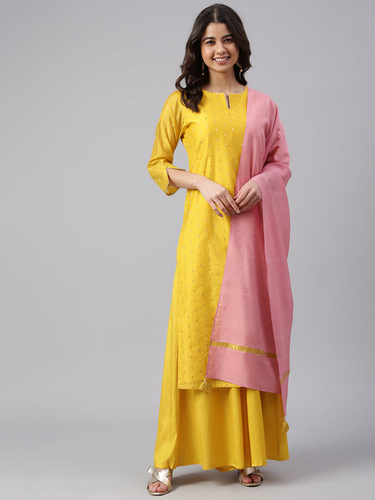 Janasya Women's Yellow Chanderi Silk Woven Kurta With Palazzo And Dupatta | Swadesiicart
