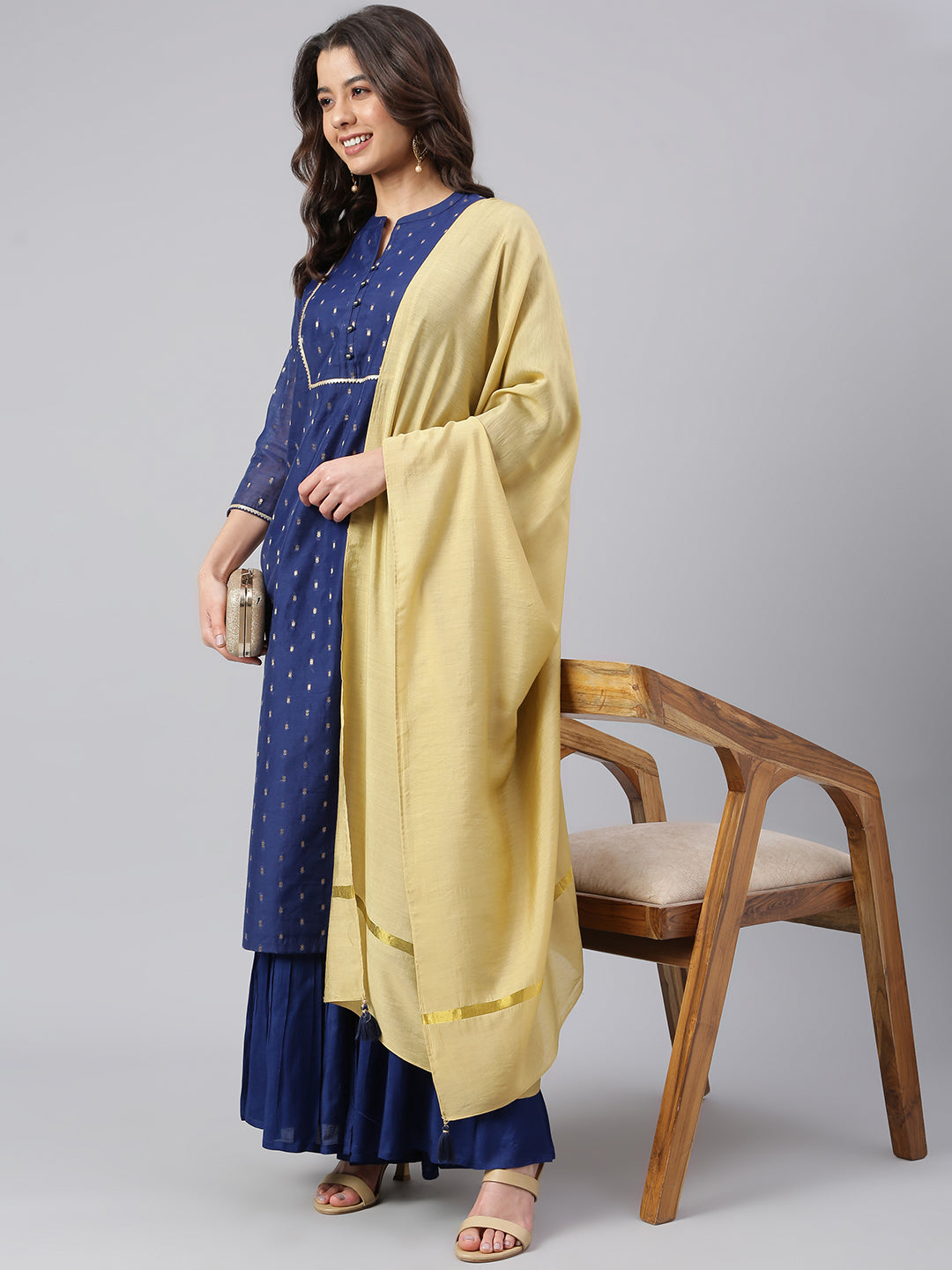 Janasya Women's Dark Blue Chanderi Silk Woven Kurta With Sharara And Dupatta | Swadesiicart