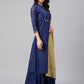 Janasya Women's Dark Blue Chanderi Silk Woven Kurta With Sharara And Dupatta | Swadesiicart