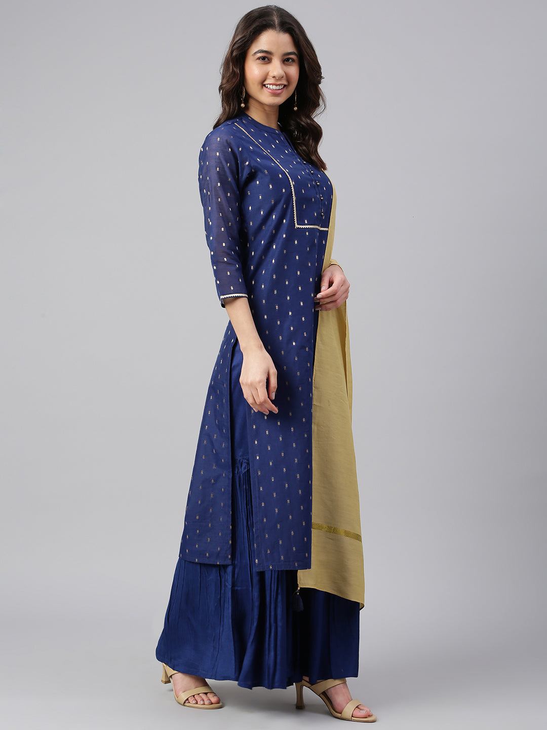 Janasya Women's Dark Blue Chanderi Silk Woven Kurta With Sharara And Dupatta | Swadesiicart