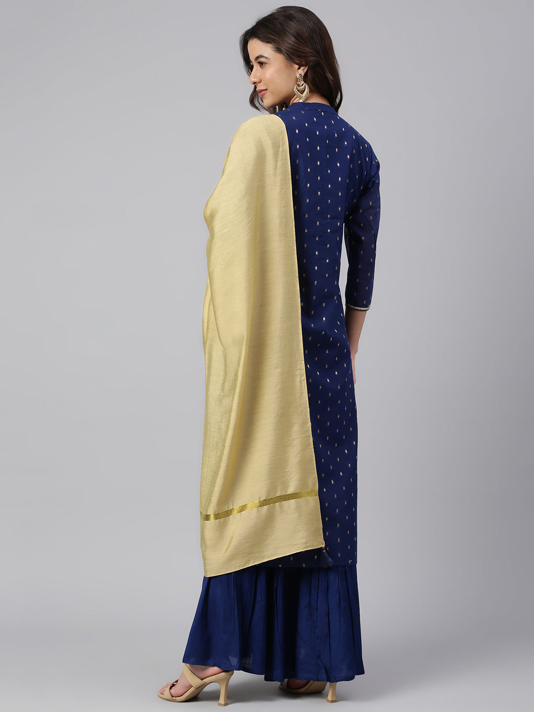 Janasya Women's Dark Blue Chanderi Silk Woven Kurta With Sharara And Dupatta | Swadesiicart