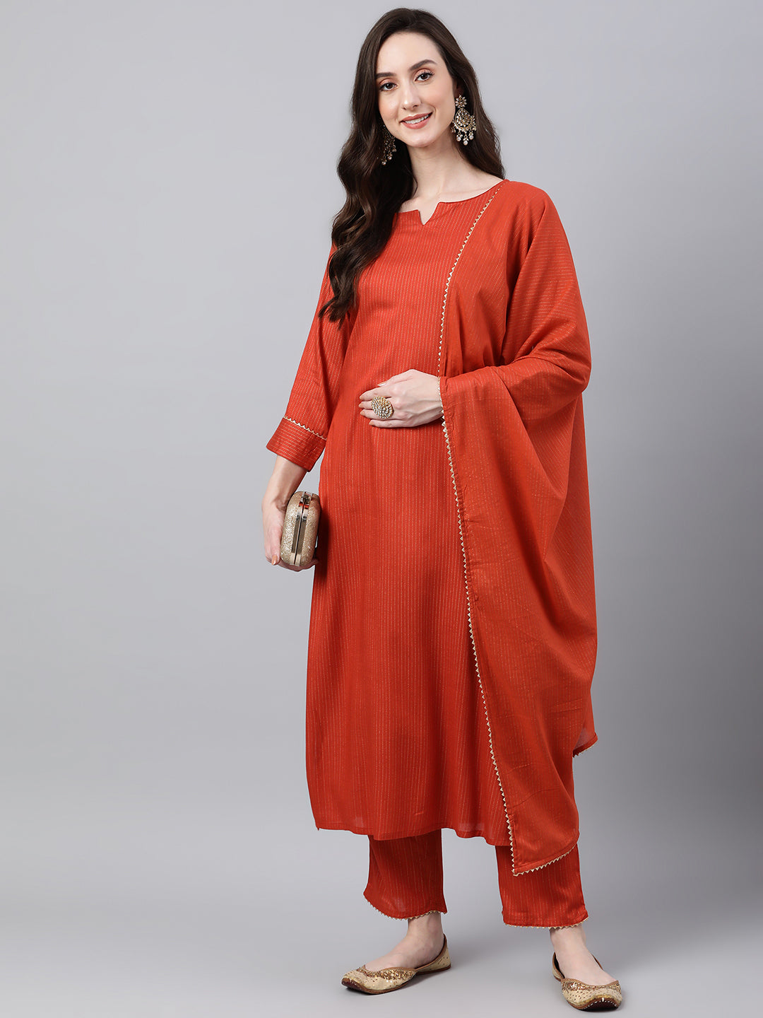 Janasya Women's Orange Rayon Striped Kurta With Pant And Dupatta | Swadesiicart