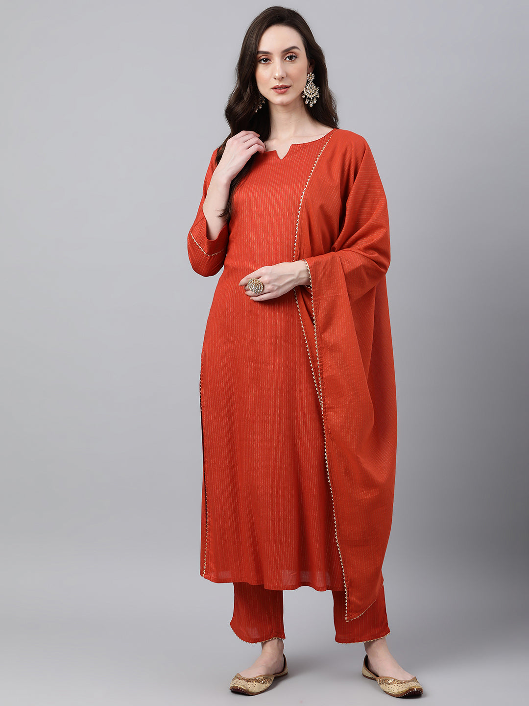 Janasya Women's Orange Rayon Striped Kurta With Pant And Dupatta | Swadesiicart