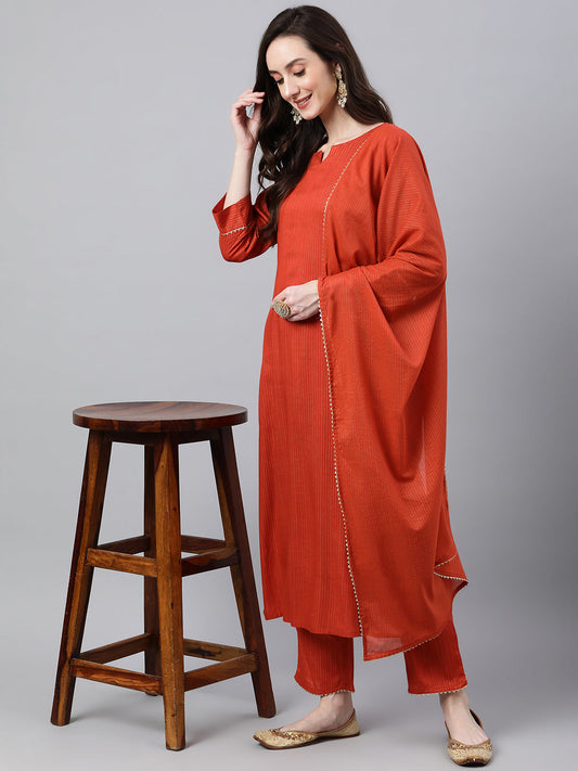 Janasya Women's Orange Rayon Striped Kurta With Pant And Dupatta | Swadesiicart