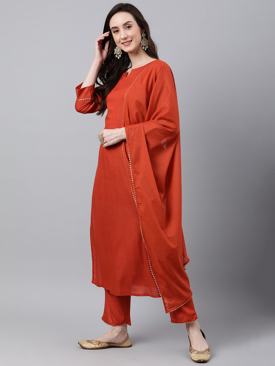 Janasya Women's Orange Rayon Striped Kurta With Pant And Dupatta | Swadesiicart