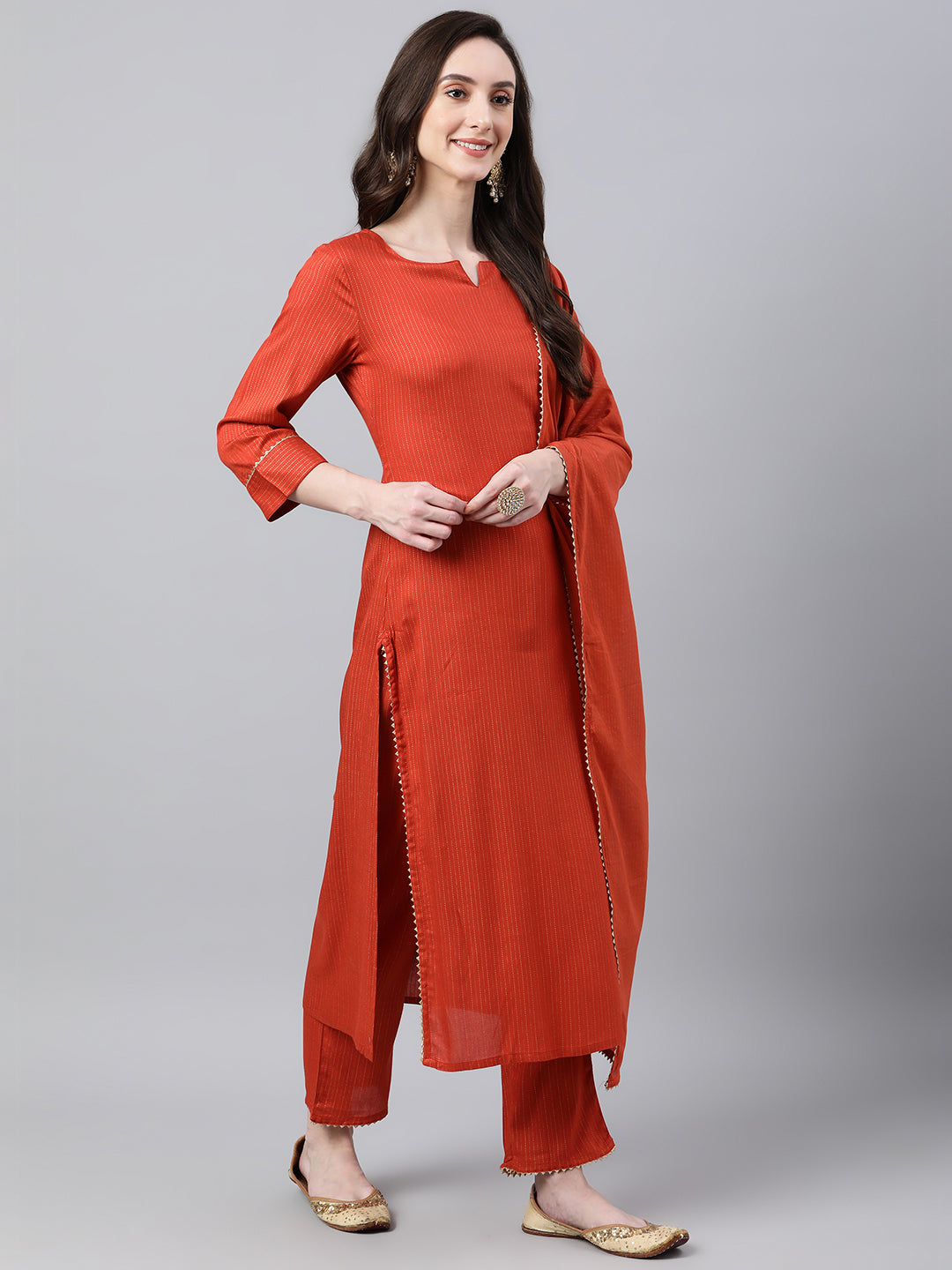 Janasya Women's Orange Rayon Striped Kurta With Pant And Dupatta | Swadesiicart