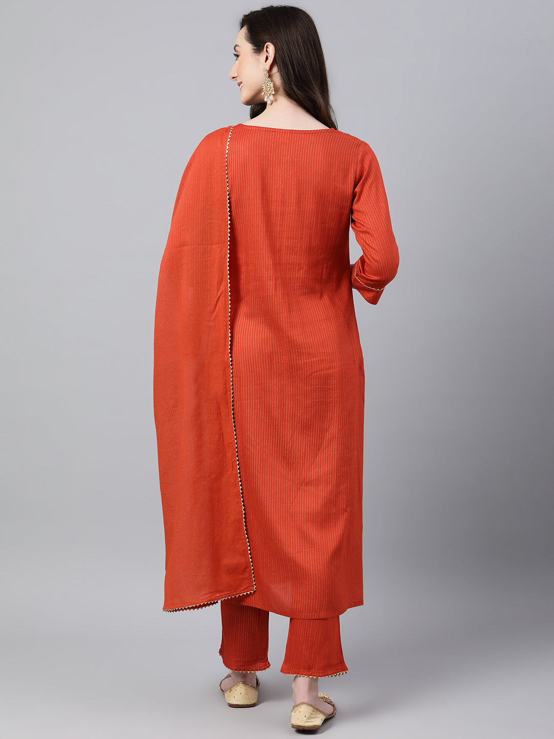 Janasya Women's Orange Rayon Striped Kurta With Pant And Dupatta | Swadesiicart