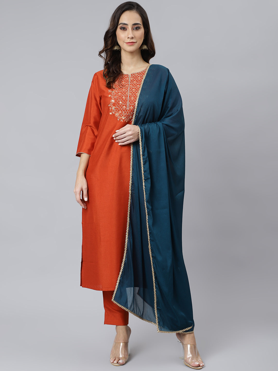 Janasya Women's Rust Orange Poly Silk Solid Kurta With Pant And Dupatta | Swadesiicart