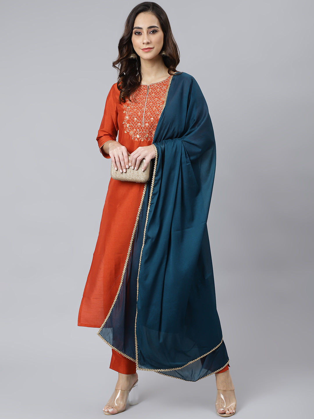 Janasya Women's Rust Orange Poly Silk Solid Kurta With Pant And Dupatta | Swadesiicart