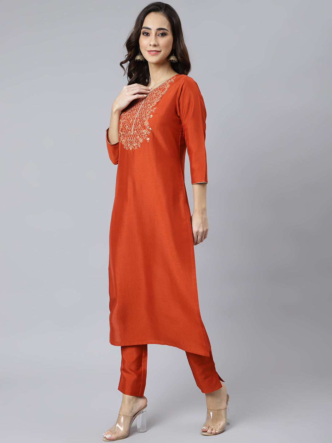 Janasya Women's Rust Orange Poly Silk Solid Kurta With Pant And Dupatta | Swadesiicart