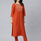 Janasya Women's Rust Orange Poly Silk Solid Kurta With Pant And Dupatta | Swadesiicart