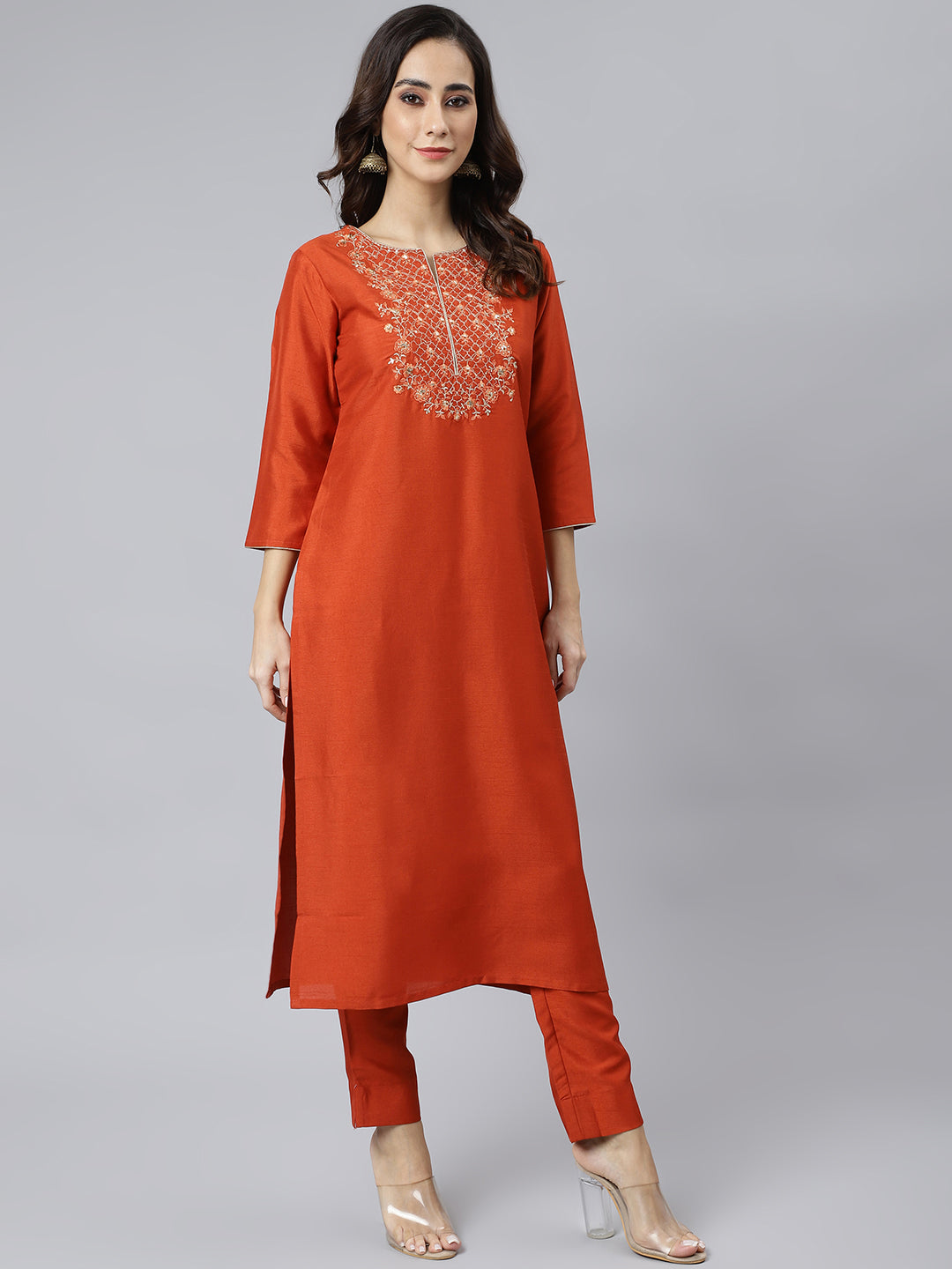 Janasya Women's Rust Orange Poly Silk Solid Kurta With Pant And Dupatta | Swadesiicart