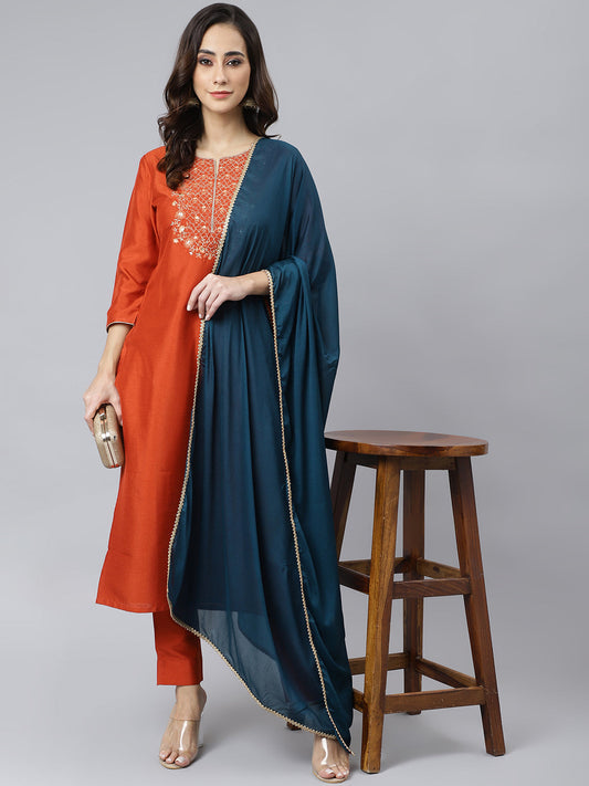 Janasya Women's Rust Orange Poly Silk Solid Kurta With Pant And Dupatta | Swadesiicart