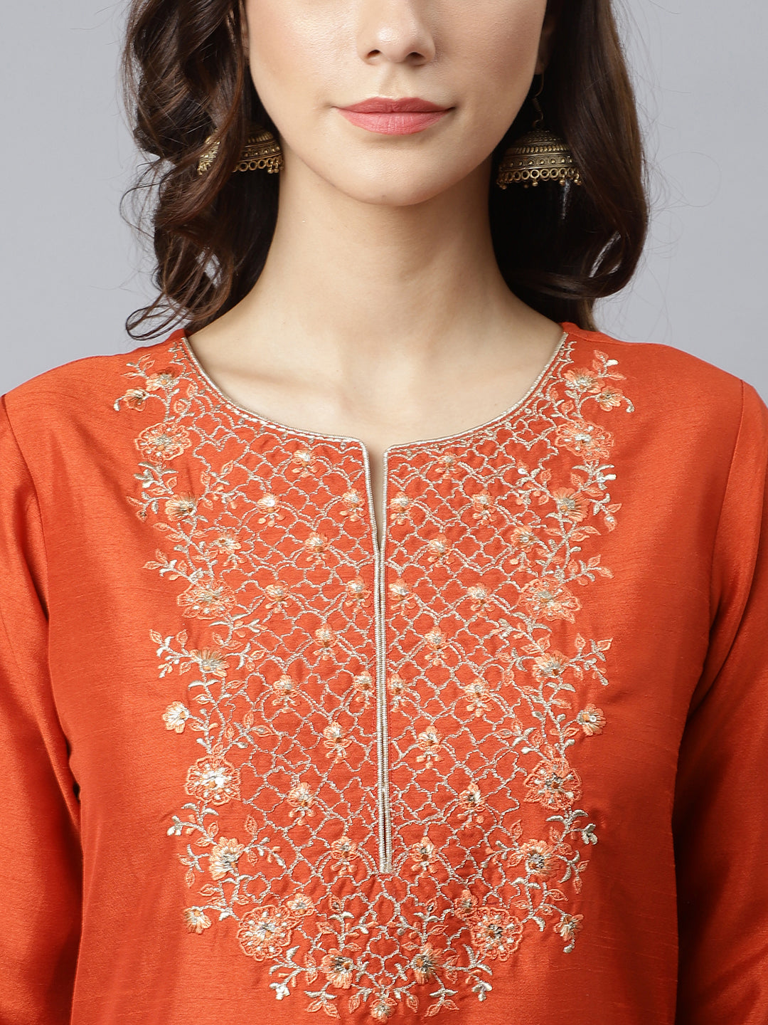Janasya Women's Rust Orange Poly Silk Solid Kurta With Pant And Dupatta | Swadesiicart