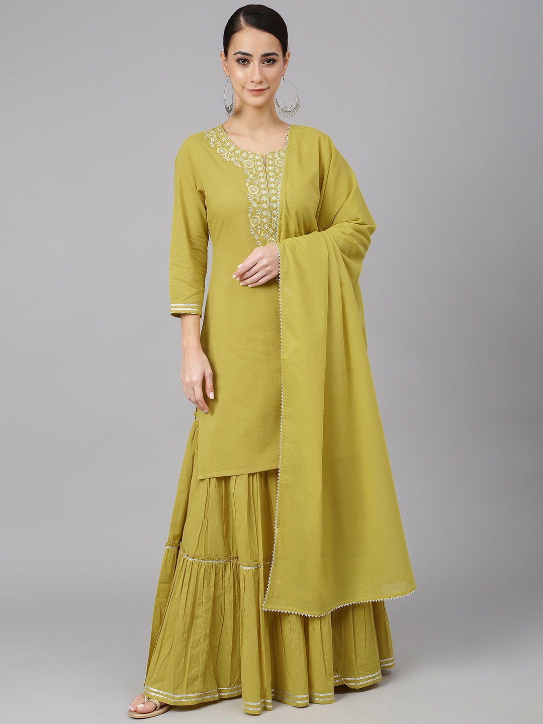 Janasya Women's Yellow Cotton Solid Kurta With Sharara And Dupatta | Swadesiicart