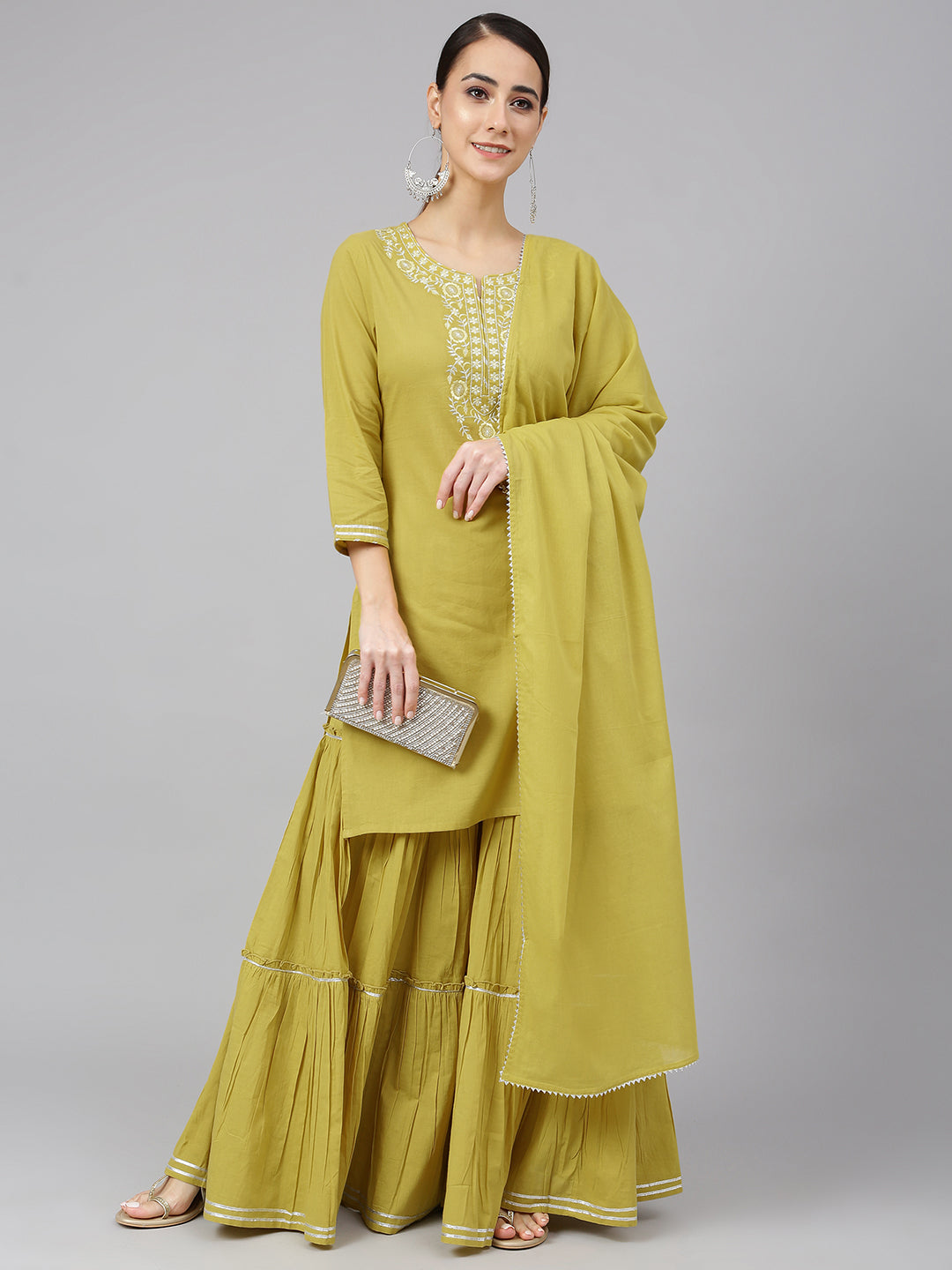 Janasya Women's Yellow Cotton Solid Kurta With Sharara And Dupatta | Swadesiicart