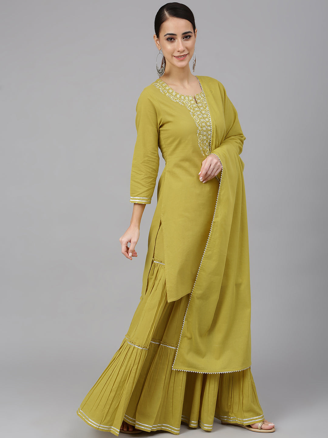 Janasya Women's Yellow Cotton Solid Kurta With Sharara And Dupatta | Swadesiicart