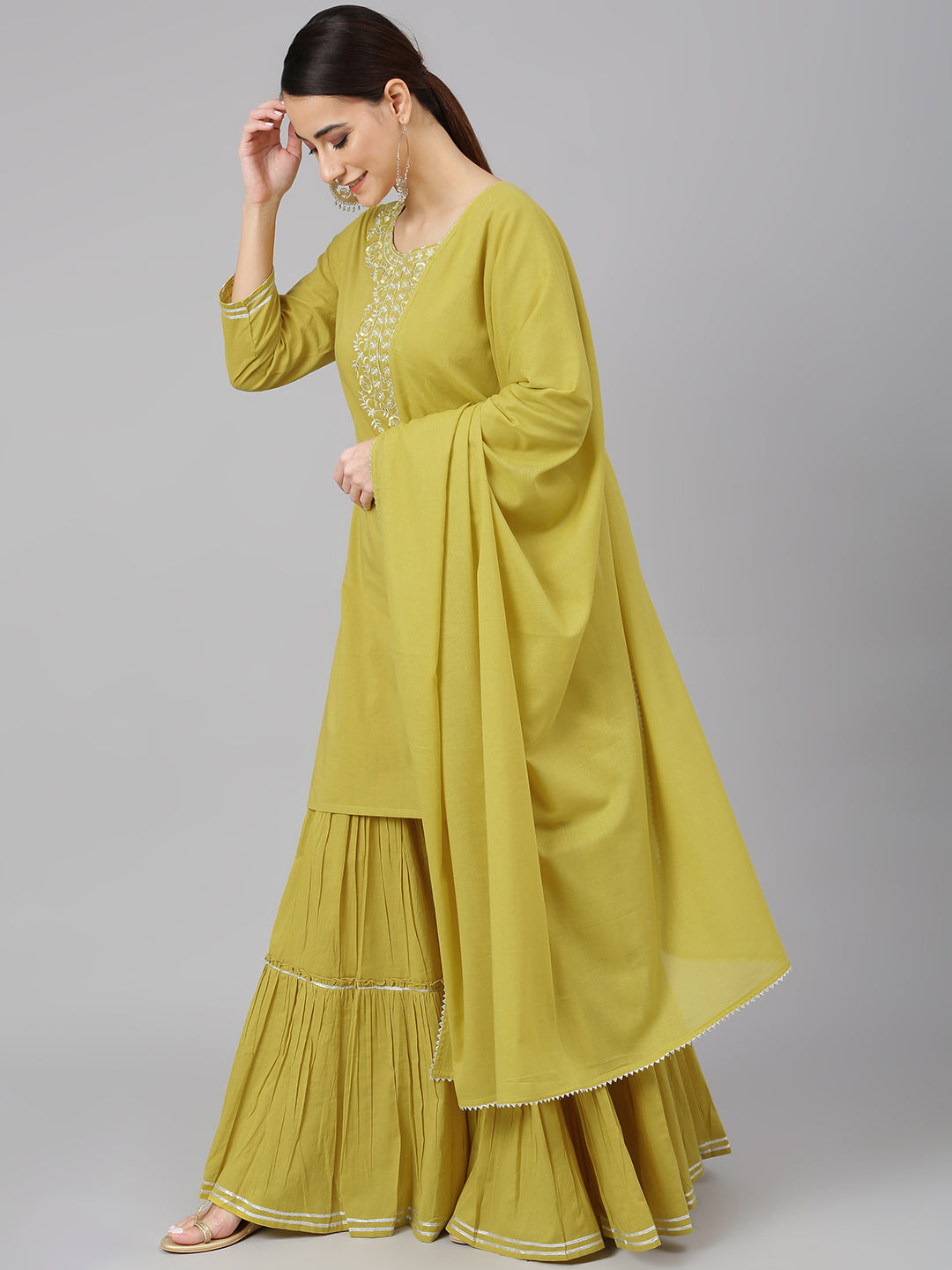 Janasya Women's Yellow Cotton Solid Kurta With Sharara And Dupatta | Swadesiicart