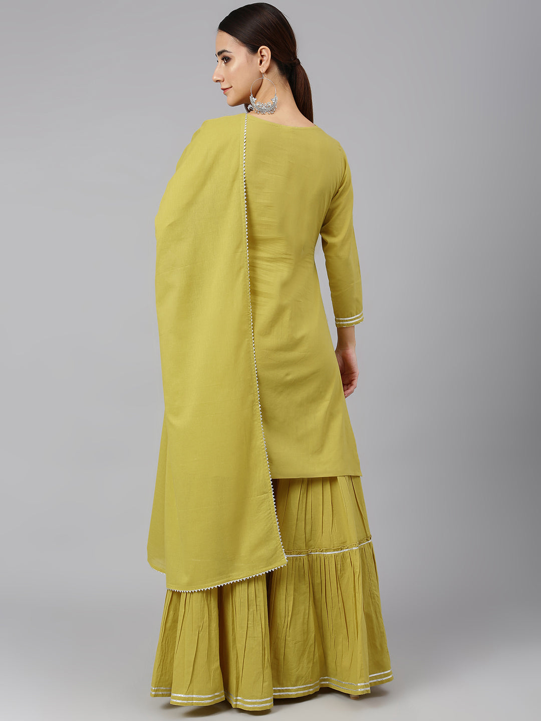 Janasya Women's Yellow Cotton Solid Kurta With Sharara And Dupatta | Swadesiicart