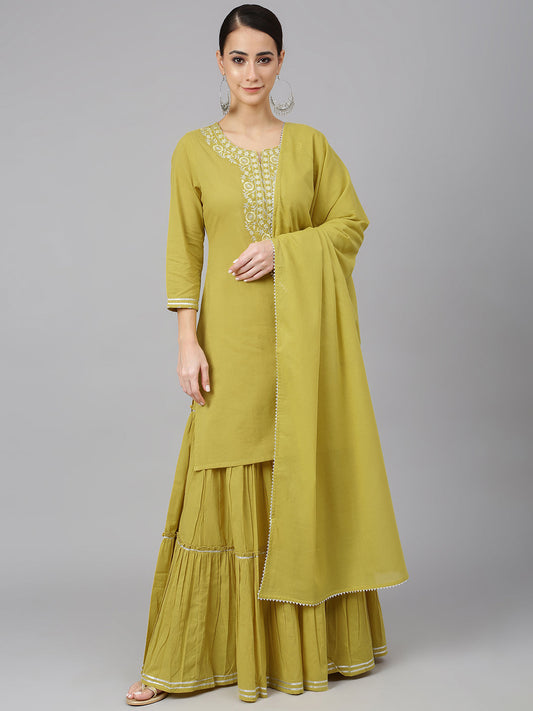 Janasya Women's Yellow Cotton Solid Kurta With Sharara And Dupatta | Swadesiicart