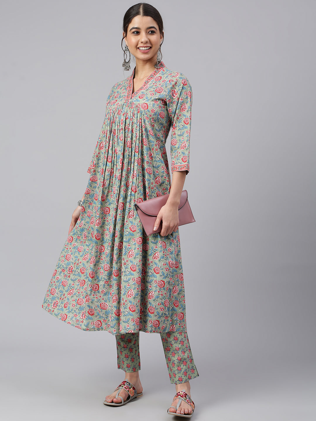 Janasya Women's Sea Green Cotton Floral Print Kurta With Pant | Swadesiicart