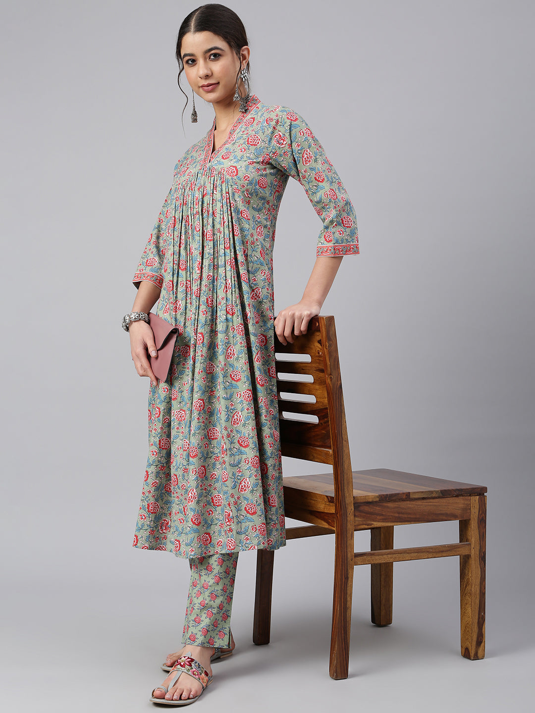 Janasya Women's Sea Green Cotton Floral Print Kurta With Pant | Swadesiicart