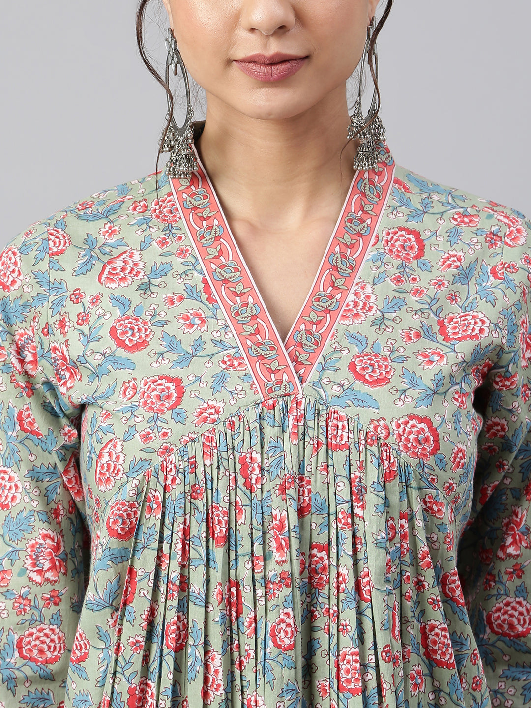 Janasya Women's Sea Green Cotton Floral Print Kurta With Pant | Swadesiicart