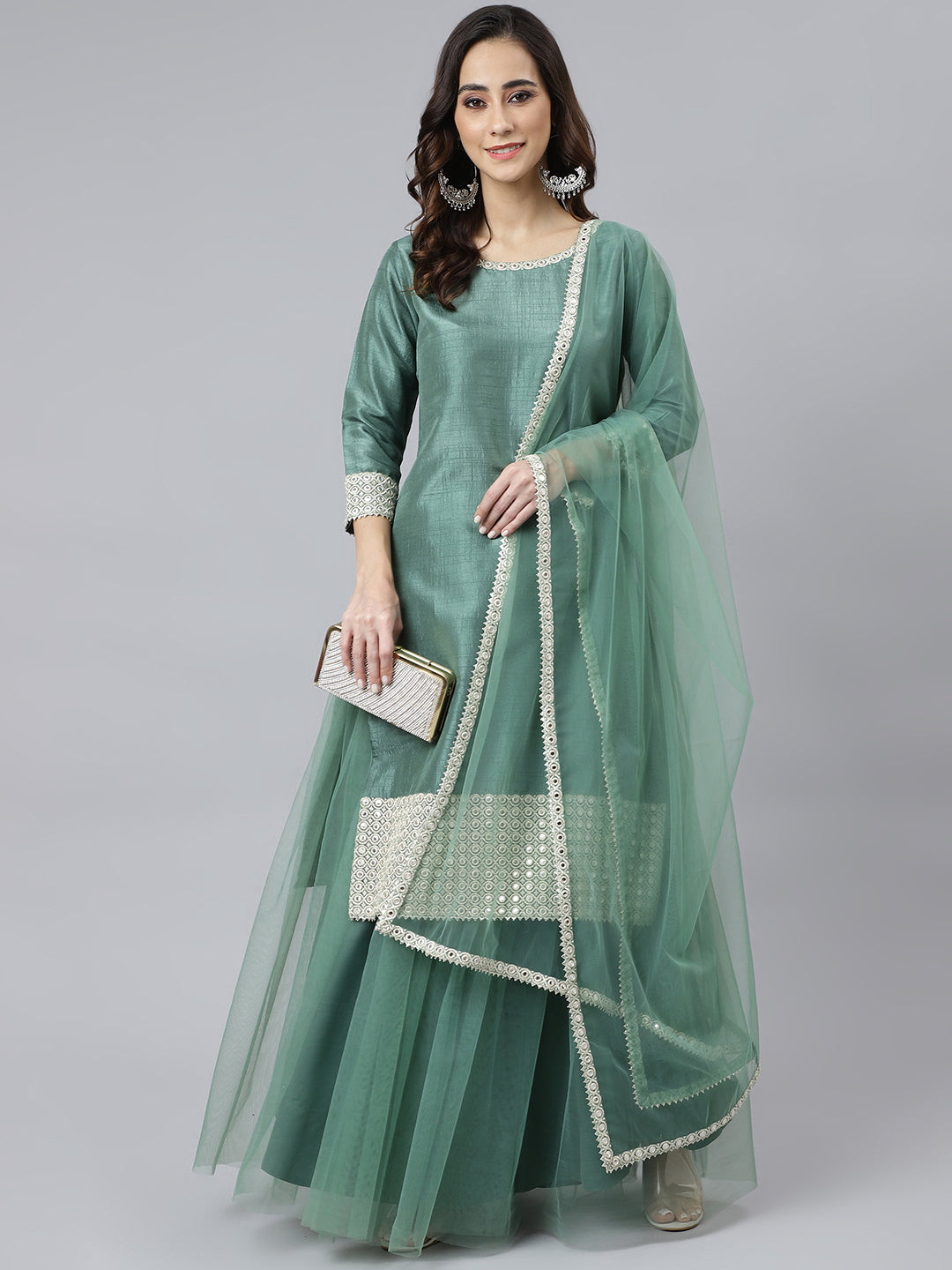 Janasya Women's Mint Green Chinon Solid Kurta With Skirt And Dupatta | Swadesiicart