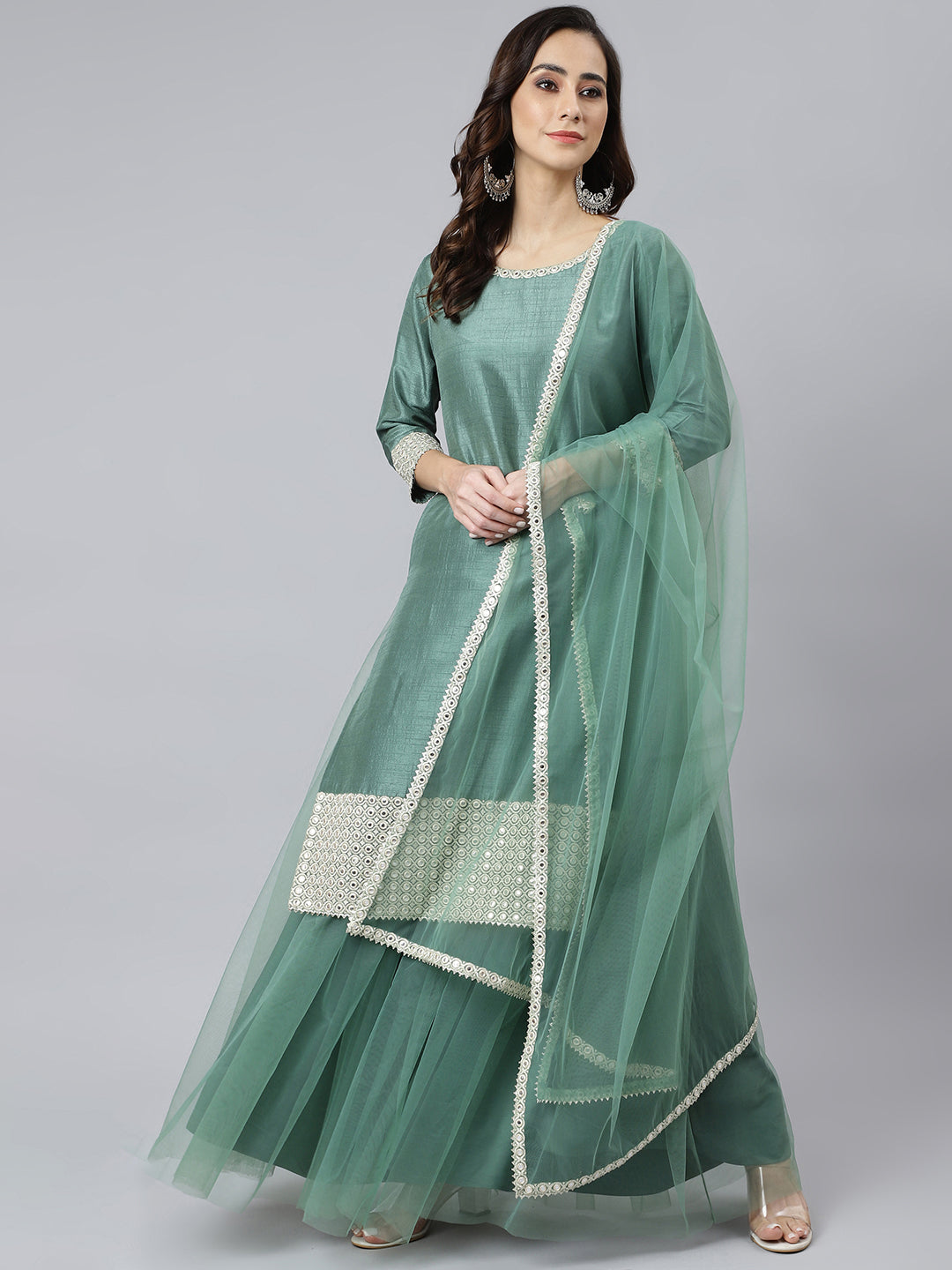 Janasya Women's Mint Green Chinon Solid Kurta With Skirt And Dupatta | Swadesiicart