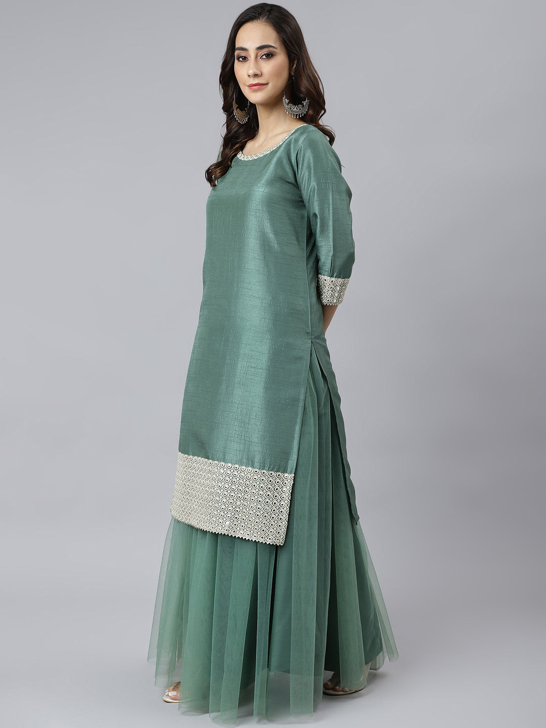 Janasya Women's Mint Green Chinon Solid Kurta With Skirt And Dupatta | Swadesiicart
