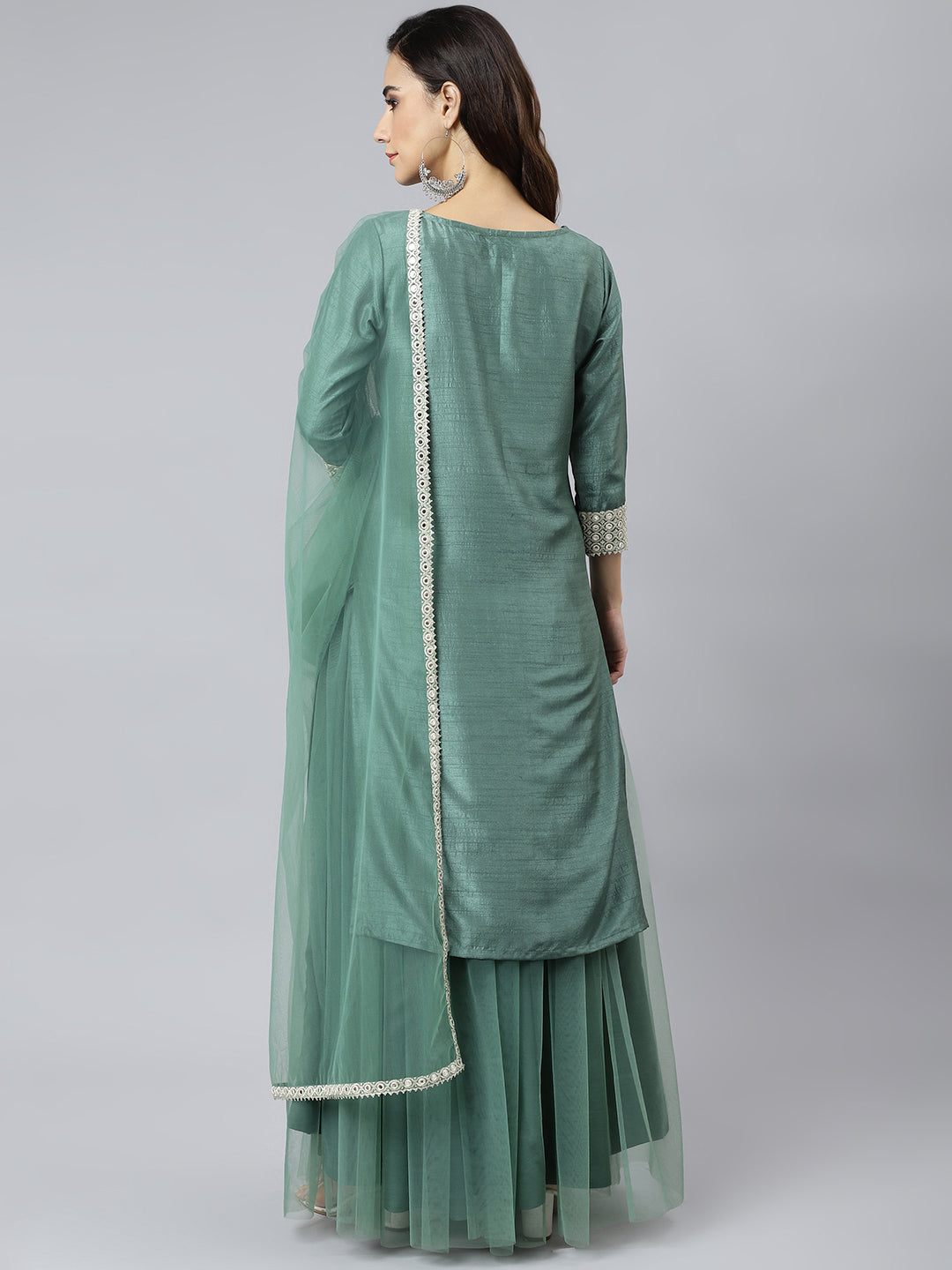 Janasya Women's Mint Green Chinon Solid Kurta With Skirt And Dupatta | Swadesiicart