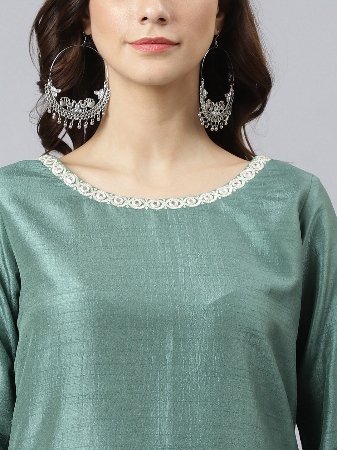Janasya Women's Mint Green Chinon Solid Kurta With Skirt And Dupatta | Swadesiicart