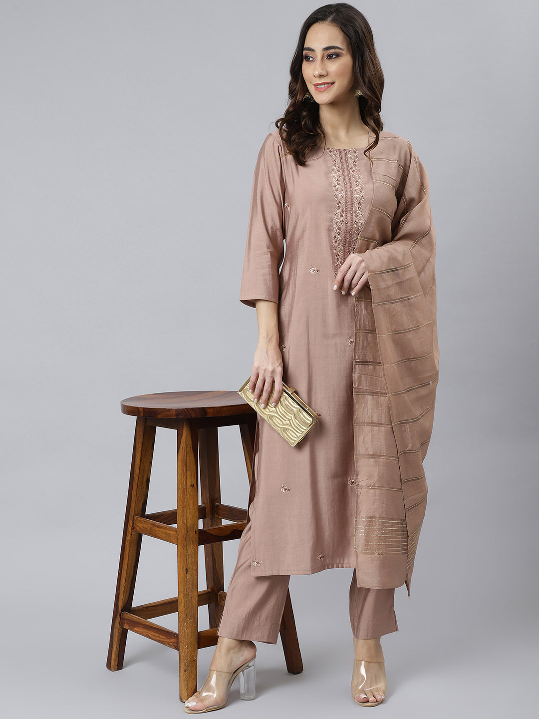 Janasya Women's Dusty Rose Viscose Blend Embroidered Kurta With Pant | Swadesiicart