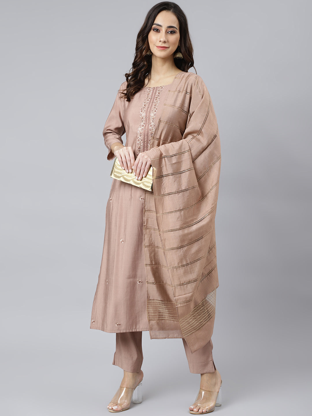 Janasya Women's Dusty Rose Viscose Blend Embroidered Kurta With Pant | Swadesiicart