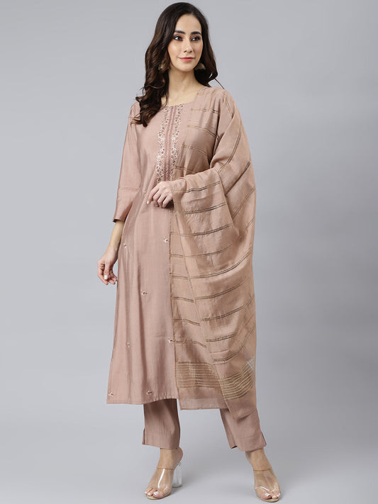 Janasya Women's Dusty Rose Viscose Blend Embroidered Kurta With Pant | Swadesiicart
