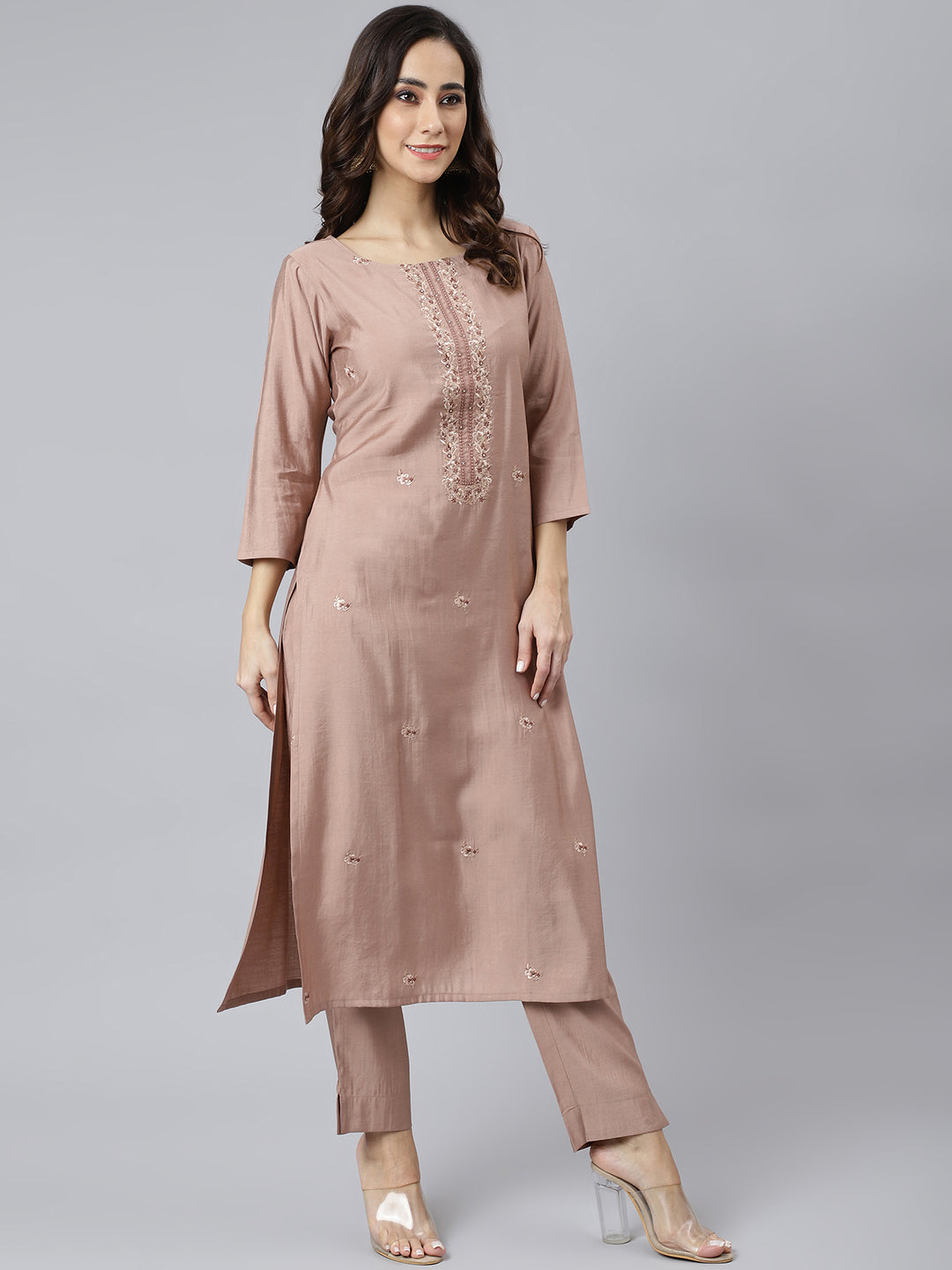 Janasya Women's Dusty Rose Viscose Blend Embroidered Kurta With Pant | Swadesiicart