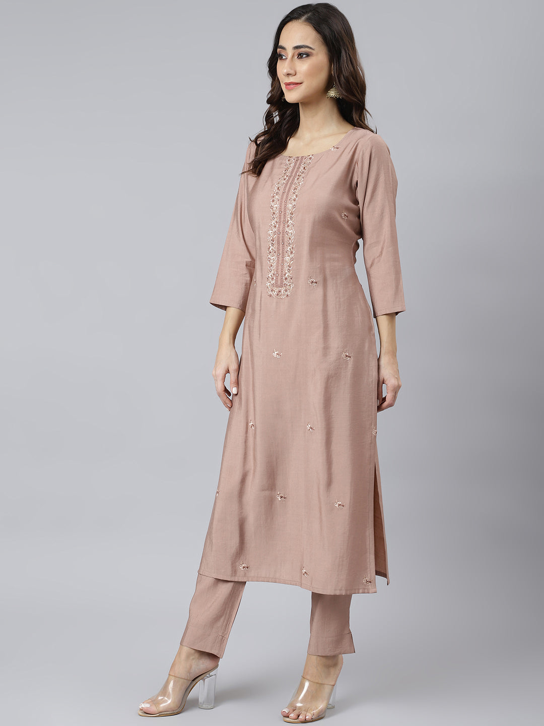 Janasya Women's Dusty Rose Viscose Blend Embroidered Kurta With Pant | Swadesiicart