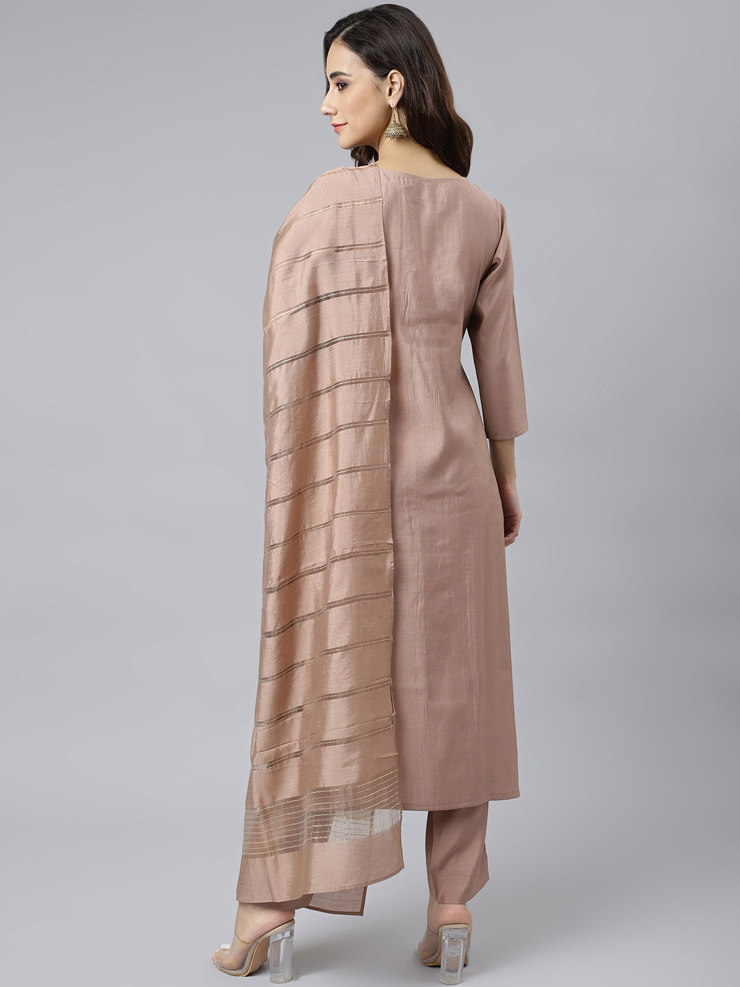 Janasya Women's Dusty Rose Viscose Blend Embroidered Kurta With Pant | Swadesiicart