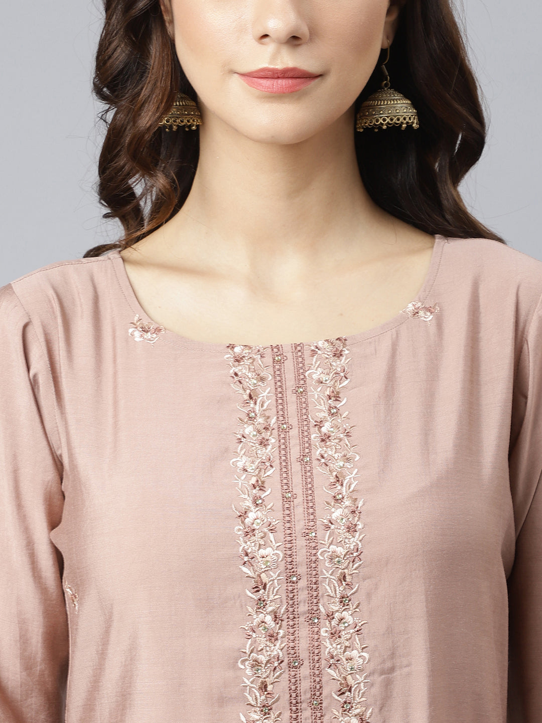 Janasya Women's Dusty Rose Viscose Blend Embroidered Kurta With Pant | Swadesiicart