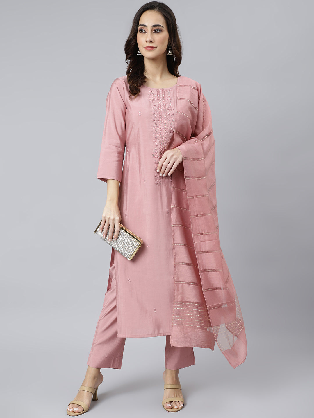 Janasya Women's Light Pink Poly Silk Embroidered Kurta With Pant And Dupatta | Swadesiicart