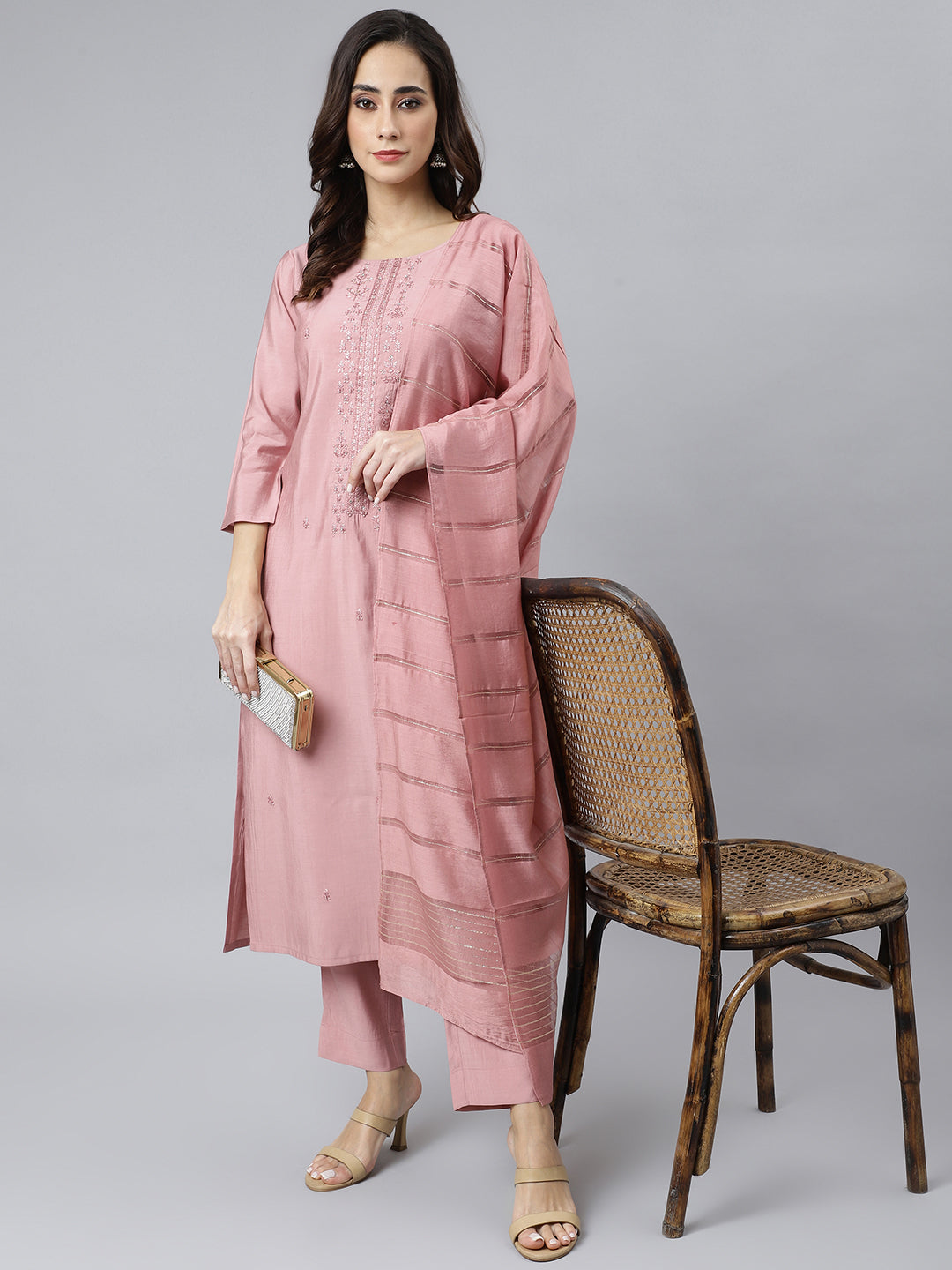 Janasya Women's Light Pink Poly Silk Embroidered Kurta With Pant And Dupatta | Swadesiicart